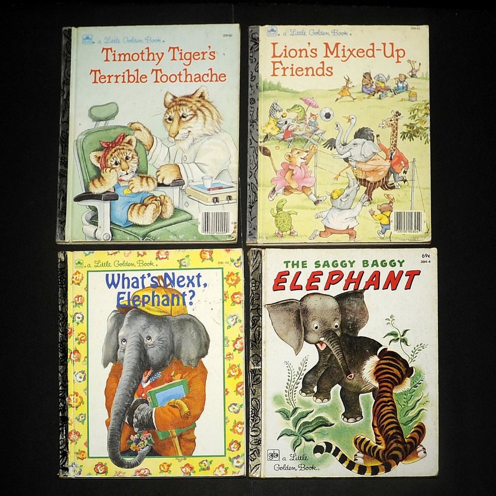 VTG Little Golden Books Lot of 4, Elephant, Lion & Tiger Stories 1980's 1990's